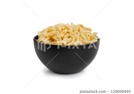 Passatelli spatzle pasta isolated, raw spaetzle noodles, dry homemade german macaroni 128000893