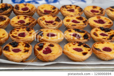 Pastel de nata Portuguese cakes. Traditional Portugal egg tart, fresh pasteis bakery 128000894