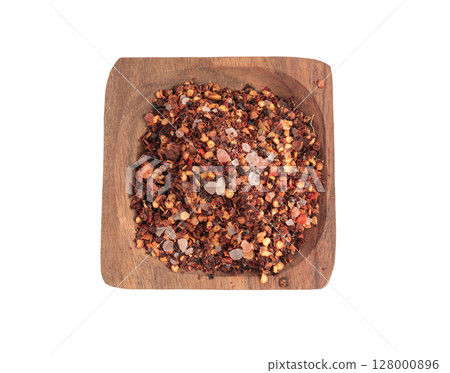 Chili and salt seasoning, red chilli pepper spice powder, dry crushed hot pepper flakes Chili and salt seasoning, red chilli pepper spice powder, dry crushed hot pepper flakes 128000896