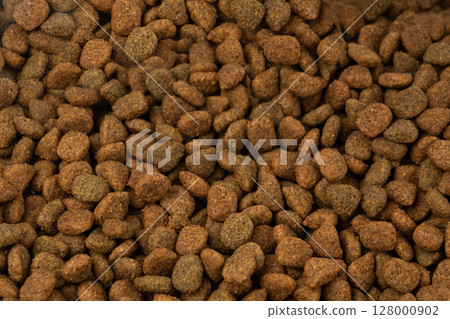 Dry pet food, dog kibble pile, puppy pellets, small canine protein croquette meal, animal food 128000902
