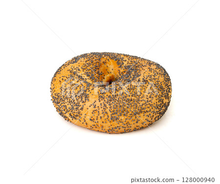 Poppy Seed Bagel Isolated, One Round Bread Bun, Poppyseed Wheat Bakery for Breakfast Poppy Seed Bagel Isolated, One Round Bread Bun, Poppyseed Wheat Bakery for Breakfast 128000940
