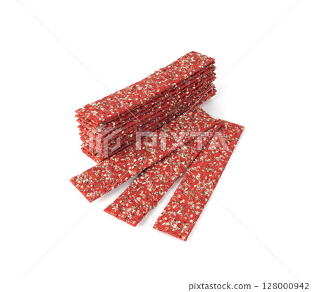 Beetroot crackers, thin rusk beet root bread, red diet multigrain crispbread, various seeds 128000942