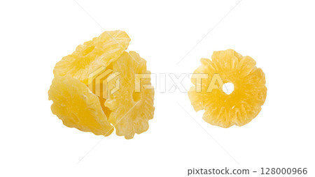 Dry Pineapple Rings Isolated, Candy Pineapples, Dehydrated Yellow Sugar Fruit, Candied Fruits Circles 128000966
