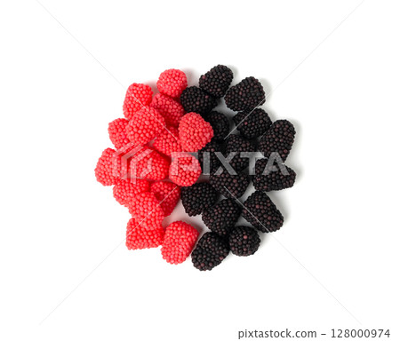 Gummy berries, chewy raspberries or jelly blackberries, gelatin candies fruit marmalade Gummy berries, chewy raspberries or jelly blackberries, gelatin candies fruit marmalade 128000974