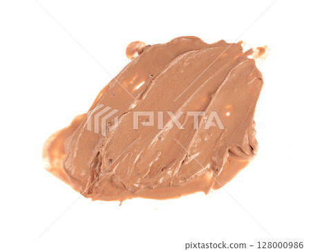 Melted chocolate ice cream isolated, real melting cocoa icecream drops, chocolate ice stain 128000986