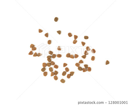 Dry pet food, dog kibble pile, puppy pellets, small canine protein croquette meal, animal food 128001001