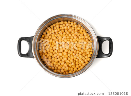 Soaked chickpeas, chick pea in water, swollen wet Cicer arietinum fruits, garbanzo beans cooking 128001018