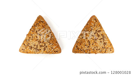 Triangular bun isolated. Wheat bread with sesame and flax seeds, healthy whole grain bakery Triangular bun isolated. Wheat bread with sesame and flax seeds, healthy whole grain bakery 128001028