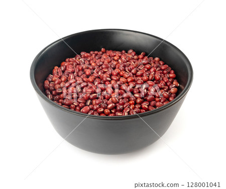 Red adzuki beans isolated, raw azuki bean pile, Vigna angularis legume seeds, dry red mung bean 128001041