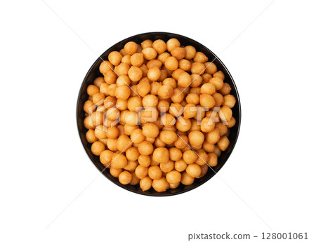 Small pastry balls, fried crispy wheat soup pearls, salad egg puffs or choux pastry Small pastry balls, fried crispy wheat soup pearls, salad egg puffs or choux pastry 128001061