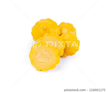 Marinated patty pan isolated, pickled pattypan squash, salted yellow patisson, fermented scallop 128001175