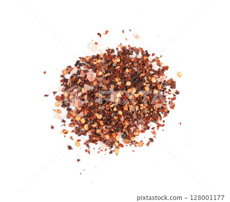 Chili and salt seasoning, red chilli pepper spice powder, dry crushed hot pepper flakes Chili and salt seasoning, red chilli pepper spice powder, dry crushed hot pepper flakes 128001177