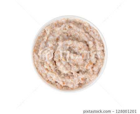 Cooked spelt in bowl. Oatmeal milk porridge, boiled emmer or spelt, healthy cereal food 128001201