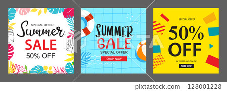 Summer sale banner templates for social media advertising. Set of sale banner with tropical and beach elements. Summer sale banner templates for social media advertising. Set of sale banner with tropical and beach elements. 128001228