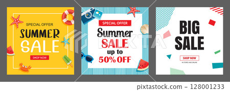 Summer sale banner templates for social media advertising. Set of sale banner with tropical and beach elements. 128001233