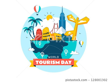 World Tourism Day Vector Illustration featuring a Globe, Famous Landmarks, Architectural Monuments, and National Statues in a Flat Background Design World Tourism Day Vector Illustration featuring a Globe, Famous Landmarks, Architectural Monuments, and National Statues in a Flat Background Design 128001302