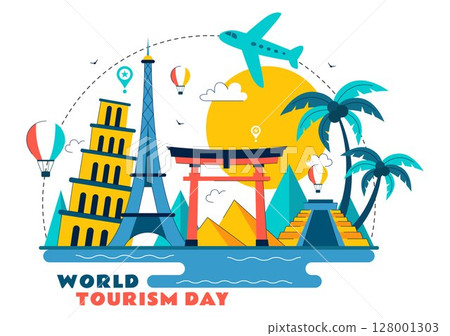 World Tourism Day Vector Illustration featuring a Globe, Famous Landmarks, Architectural Monuments, and National Statues in a Flat Background Design 128001303