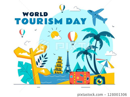 World Tourism Day Vector Illustration featuring a Globe, Famous Landmarks, Architectural Monuments, and National Statues in a Flat Background Design World Tourism Day Vector Illustration featuring a Globe, Famous Landmarks, Architectural Monuments, and National Statues in a Flat Background Design 128001306