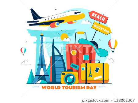 World Tourism Day Vector Illustration featuring a Globe, Famous Landmarks, Architectural Monuments, and National Statues in a Flat Background Design 128001307