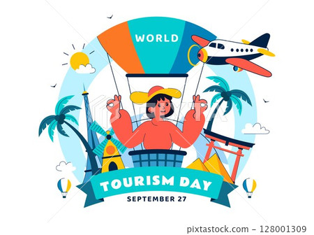 World Tourism Day Vector Illustration featuring a Globe, Famous Landmarks, Architectural Monuments, and National Statues in a Flat Background Design 128001309