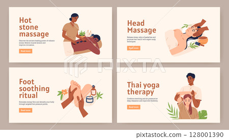 Set of banner featuring traditional Thai massage techniques. Perfect for spa websites, salon posters, or wellness app graphics. Hand drawn vector illustration. 128001390