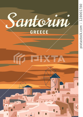 Poster Travel Greece Santorini, old village Oia windmills, old Mediterranean Poster Travel Greece Santorini, old village Oia windmills, old Mediterranean 128001780