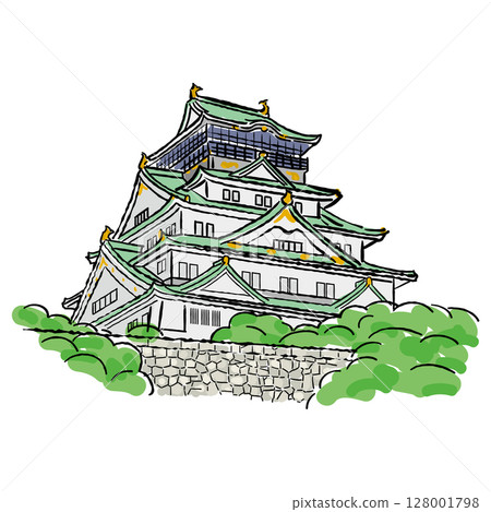 Osaka famous place Osaka Castle illustration 128001798