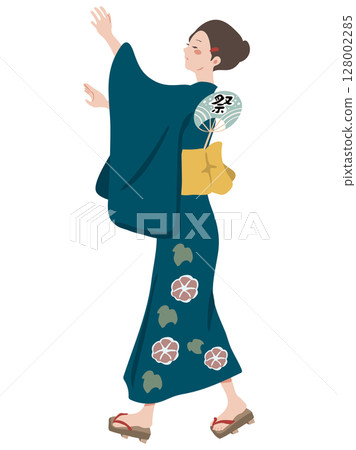 跳舞Bon Odori的yukata舞蹈的一名婦女 128002285