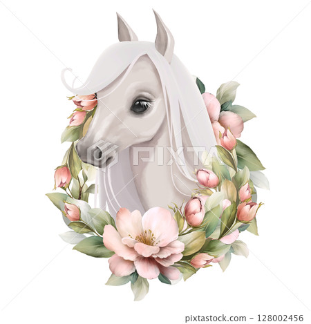 White horse surrounded by pink and flowers and green leaves, cute animal illustration 128002456