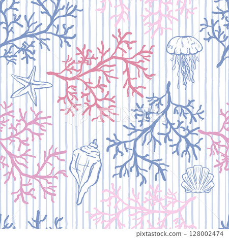 Coral seamless pattern background in modern style in blue and pink colors. Organic algae striped background. Vector design for textile, wrapping paper, greeting cards 128002474