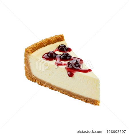 Sweet decadent cheesecake slice featuring luscious red berry topping and crisp golden crust Sweet decadent cheesecake slice featuring luscious red berry topping and crisp golden crust 128002507