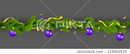 Festive pine tree garland with baubles and ribbons Festive pine tree garland with baubles and ribbons 128002610