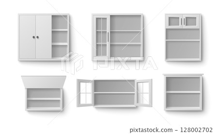 White kitchen cabinet set with open doors 128002702