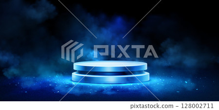 Blue glowing podium with smoke effects Blue glowing podium with smoke effects 128002711