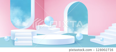 Pastel pink blue geometric stair podium 128002716