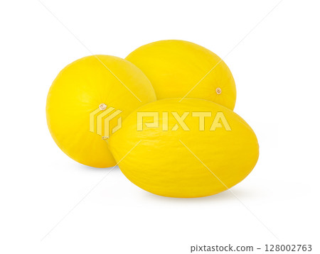 Ripe honeydew melon isolated. Three yellow melons cut out. 128002763