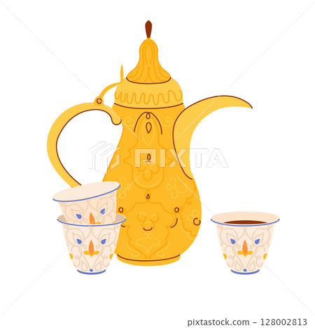 Traditional Arabic coffee pot Dallah and cups with ornament. Symbol of Middle Eastern hospitality. Antique copper pot common in Yemen, Oman, Qatar. Vector illustration for coffee shop in flat style. Traditional Arabic coffee pot Dallah and cups with ornament. Symbol of Middle Eastern hospitality. Antique copper pot common in Yemen, Oman, Qatar. Vector illustration for coffee shop in flat style. 128002813