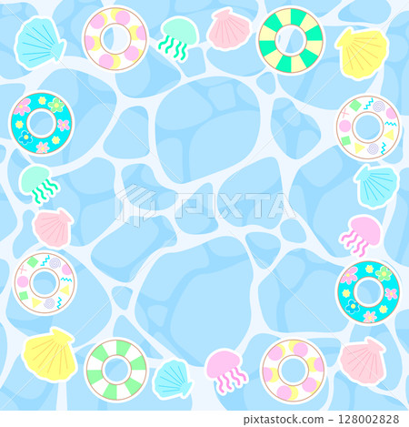 Illustration background material of a summer image with a swim ring, shells and jellyfish on the surface of the sea Illustration background material of a summer image with a swim ring, shells and jellyfish on the surface of the sea 128002828