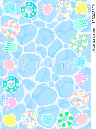 Illustration background material of a summer image with a swim ring, shells and jellyfish on the surface of the sea Illustration background material of a summer image with a swim ring, shells and jellyfish on the surface of the sea 128002829
