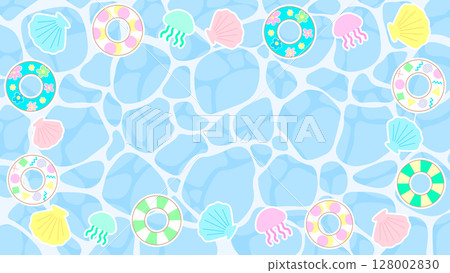 Illustration background material of a summer image with a swim ring, shells and jellyfish on the surface of the sea 128002830
