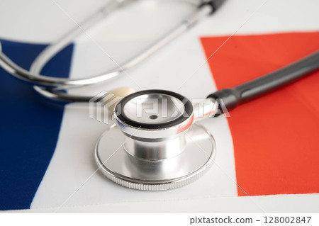 France flag with black stethoscope, Business and finance. France flag with black stethoscope, Business and finance. 128002847