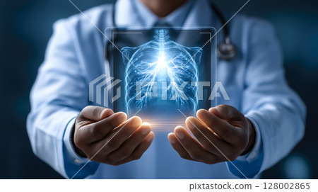 A doctor carefully examines a virtual x-ray projection with focused attention. The integration of advanced technology in medical diagnostics. Generative AI. 128002865