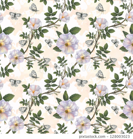 Flowers and branches with leaves rose hips and white butterfly apollo. Seamless pattern on a watercolor background for fabric, textile, prints, design  128003023