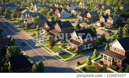 Suburban Neighborhood with Houses and Cars: Aerial View 128003057