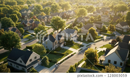 Suburban Dream: An Aerial View of a Tranquil Neighborhood 128003059