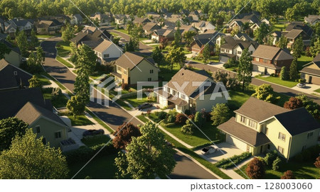 Aerial View of a Suburban Neighborhood with Houses, Trees, and Cars 128003060