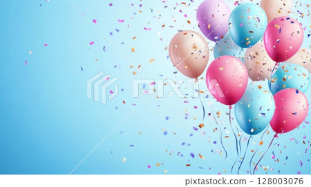Celebration Balloons and Confetti on a Blue Background 128003076