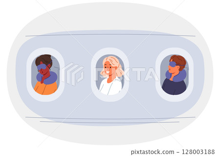 Passengers fly at airplane looking out of windows or sleep during transatlantic journey to resort 128003188