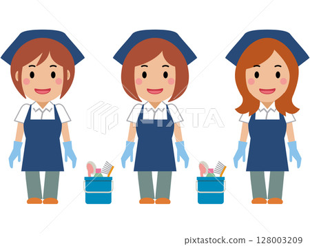 A smiling female cleaner in a navy blue apron with her hands down A smiling female cleaner in a navy blue apron with her hands down 128003209