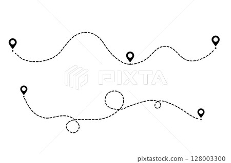 Vector icon of line path for a travel journey or trip by gps, showing location and distance in a destination point background. 128003300